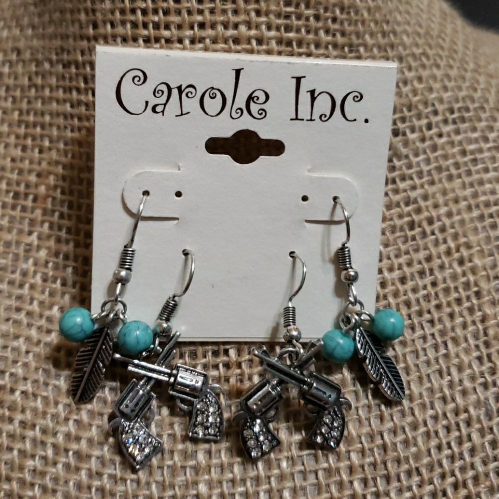 Crystal pistol earrings and Torqouise feather earr